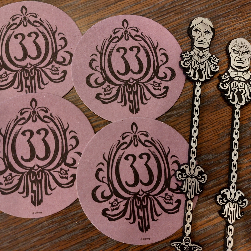 Disney Club 33 Purple and Black Coasters with Stir Sticks